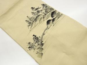 ひげ紬手描き木々に家屋・橋風景模様名古屋帯